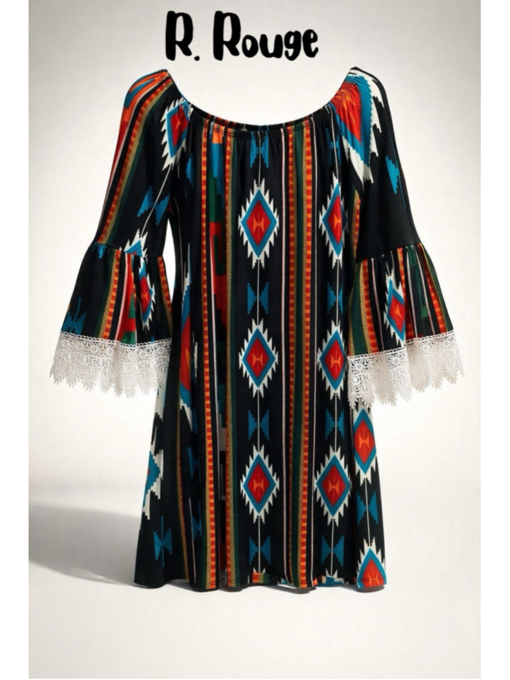 R. Rouge Womens Multicolor Aztec Bohemian Bell Sleeve Tunic Mini Dress